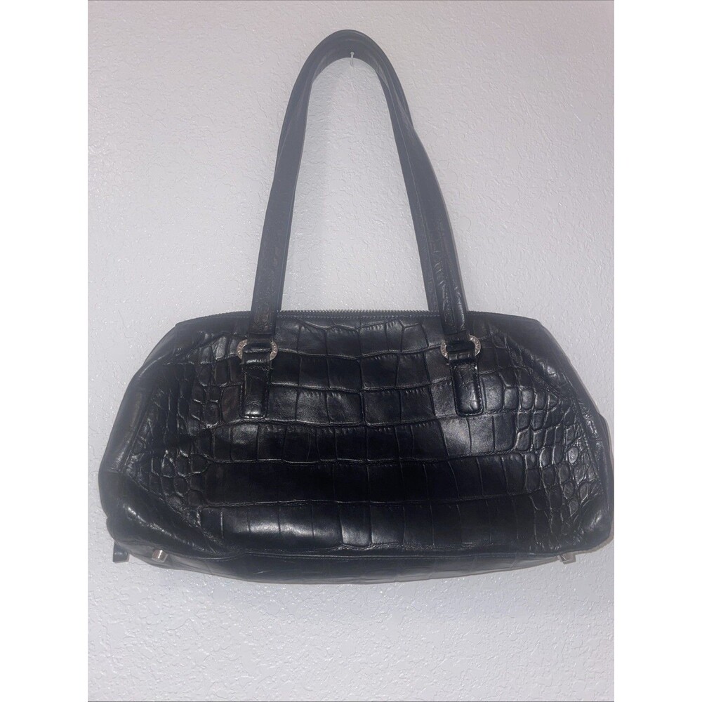 Monsac Handbag Croc Embossed East West Black Leather Shoulder Purse Preppy Bag
